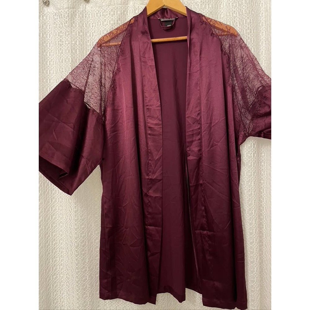Victoria's Secret - Women's Maroon Silky Satin Lace Lingerie Kimono Robe - M/L